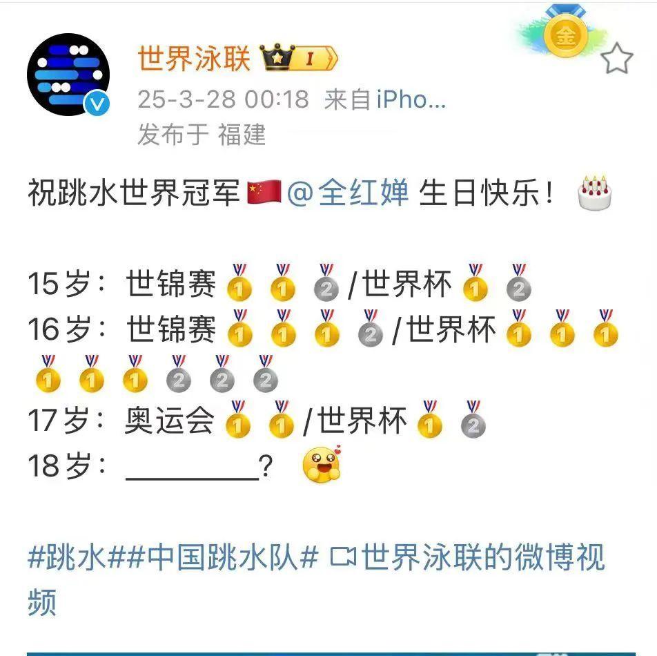 全红婵18岁生日！世界泳联凌晨卡点送祝福