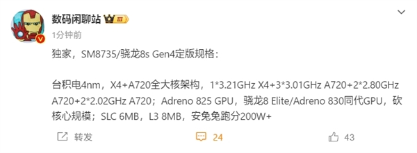 高通骁龙8s Gen4规格确定：4nm全大核 跑分破200万
