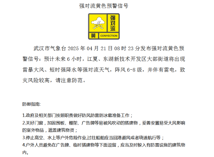 黄色预警！预计未来6小时，武汉这些地方将出现强对流天气
