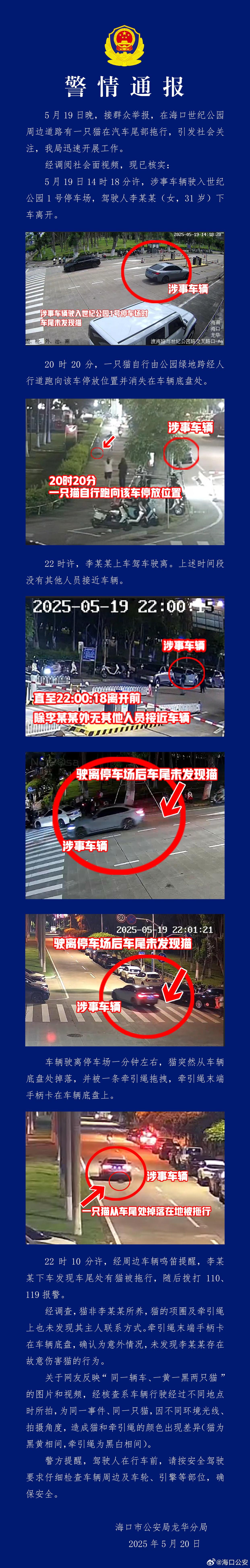 海口警方通报“车辆拖猫事件”：确认为意外情况，未发现故意伤害行为