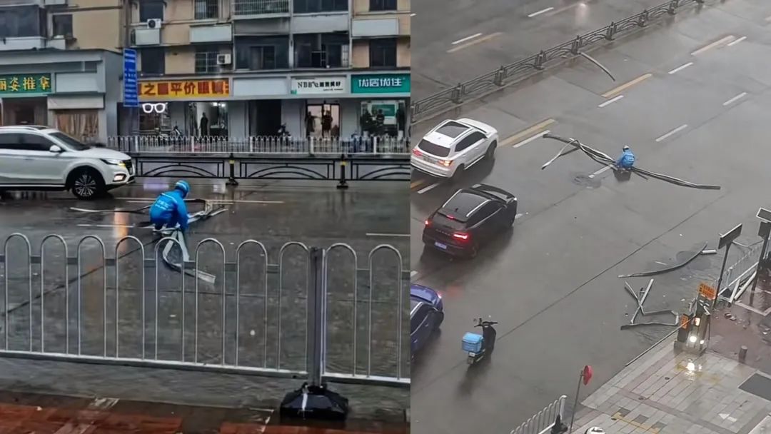 宜昌一外卖小哥顶风雨独自清理道路路障被爆赞，目击者：我还在犹豫他已经停车清障了