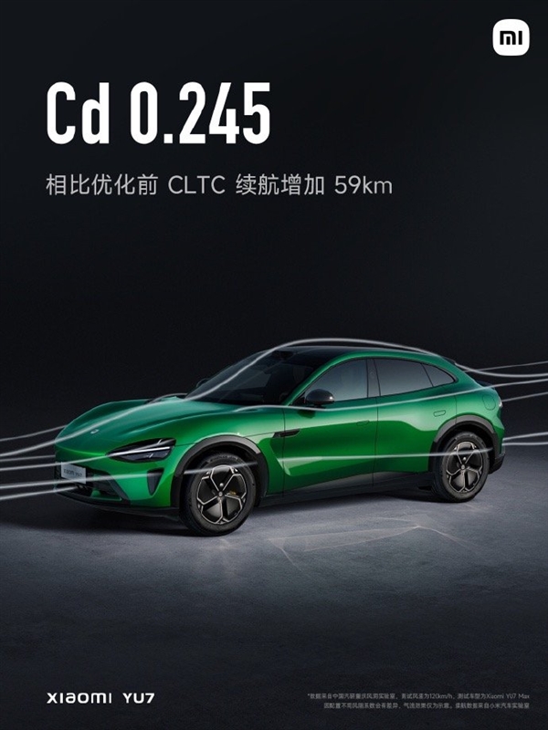 小米YU7入门版续航就有835km！全车40+处风阻优化 多跑59公里